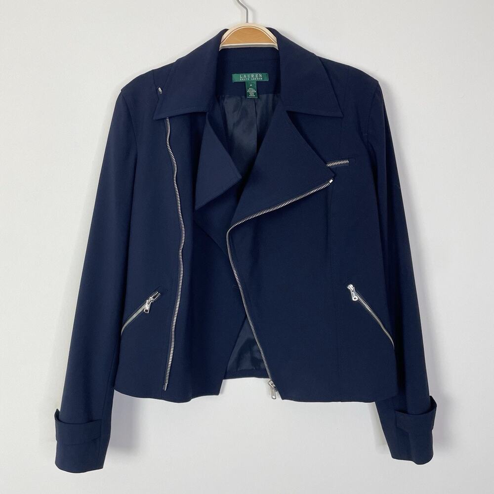 Lauren Ralph Lauren Wool Blend Moto Biker Zip Jacket Navy Lightweight‎ Size 4